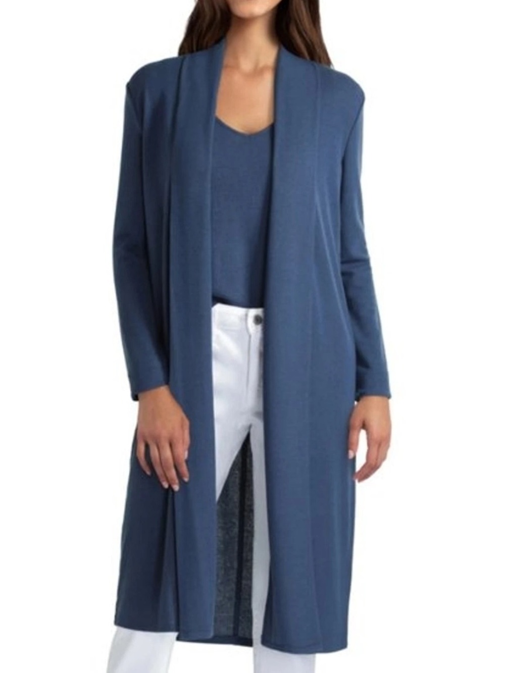 Halston Long Open-Front Navy Blue Cardigan Sweater Duster Lightweight Office